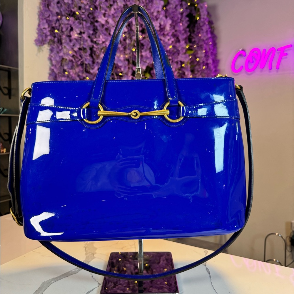 Rare Auth GUCCI XL LARGE electric blue patent Horsebit 2WAY HANDBAG SHOULDER bag